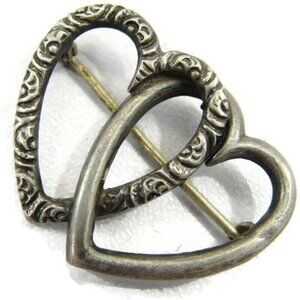Vintage Sterling Silver Brooch Double Heart